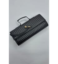 Siyah Örgü Desenli Kadın El Ve Omuz Çantası - Askılı Portföy Clutch Çanta