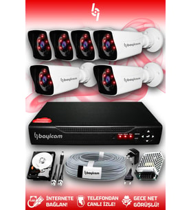 BAYICAM 6 Kameralı Kare 6 Dış Kamera Set 250 GB HDD Full HD Gece Görüşlü Güvenlik Kamerası Sistemi