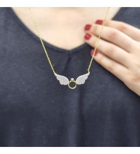 Melek Kanatları Tektaş Gold Kaplama 925 Ayar Zirkon Taşlı Gümüş Kolye (Karışık)