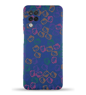 Samsung Galaxy M12 Uyumlu Lansman Kılıf Hello Kitty Tasarımlı İçi Kadife Kapak-Lacivert (Şeffaf)