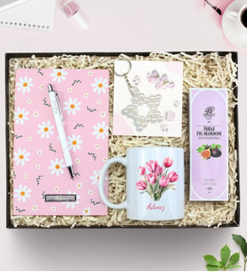 Kişiye Özel Defter & Beyaz Tükenmez Kalem &  Kupa & İnci Yıldız Anahtarlık & Rebul İncir Kolonya Hediye Seti
