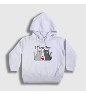 Presmono Unisex Çocuk Beyaz I Meow You Kedili Sevgili Kapüşonlu Sweatshirt 458712tt