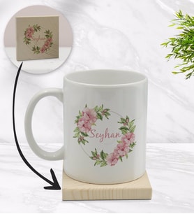 BK Gift Kişiye Özel Çiçek Tasarımlı Beyaz Kupa Bardak ve Ahşap Bardak Altlığı Hediye Seti - Model 17