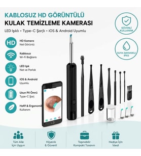 Lunaev Siyah Kablosuz Kameralı Kulak Temizleme Seti – LED