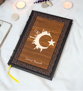 Türk Bayrağı Desenli Termo Deri + Ahşap Anı Defteri - Çizgili Defter - Hediyelik (17x24 cm- 320 Sayfa)