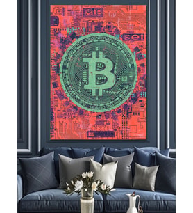 Kırmızı Bitcoin Sanatsal Çizim Dekoratif Kanvas - Mdf Ahşap Tablo