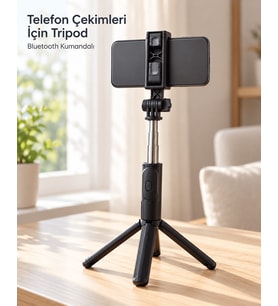 Seyahat ve Günlük Kullanım İçin Bluetooth Kumandalı Siyah Selfie Çubuğu