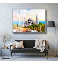 Gümüş Renk Metal Çerçeveli Tamperli Cam Tablo Sultanahmet Camii ve Ağaçlar Şehir Mimari Tablo Duvar Dekoru