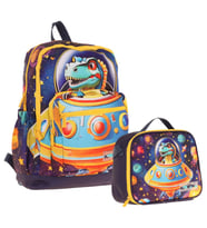 Kaukko Astronot Dinazor Baskılı Erkek Çocuk Okul Çantası ve Thermo Beslenme Çantası Seti - Mavi Sarı (L5273+L7273) (Çok Renkli)