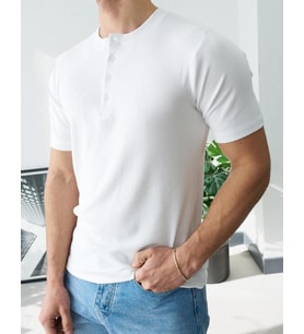 Erkek Beyaz Fitilli Henley Yaka Basic Tişört