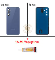 Samsung Galaxy S23 FE Mavi Renk Lensli Arka Kapak + B7000 Yapıştırıcı Arka Cam Batarya Kapağı Pil Kapağı Lazer Kesim Back Cover Galaxy S23 FE Uyumlu