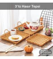 Porsima 709-B Kare 3'lü Dekoratif Ev Banyo Mutfak Düzenleyici Kulplu Hasır Sepet Seti Hasır Tepsi