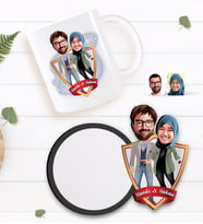 BK Gift Kişiye Özel Sevgililer Karikatürlü Beyaz Kupa ve Ahşap Bardak Altlığı Hediye Seti-60