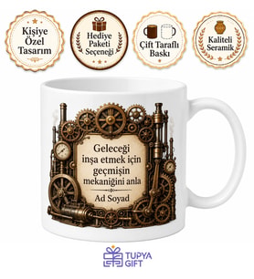 Steampunk Buhar Makinesi Çark Dişli Alternatif Tarih Temalı Baskılı Porselen Kupa Bardak Hediye