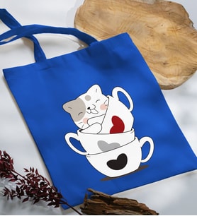 BK Gift Kedi Tasarımlı Mavi Kumaş Bez Çanta, Baskılı Omuz Çantası, Alışveriş Çantası, Arkadaşa Hediye-10