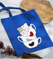 BK Gift Kedi Tasarımlı Mavi Kumaş Bez Çanta, Baskılı Omuz Çantası, Alışveriş Çantası, Arkadaşa Hediye-10