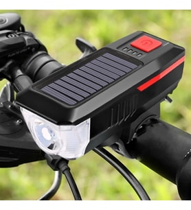 BUFFER® Solar Enerjili USB ile Şarj Edilebilir Ledli Bisiklet Feneri Kornalı ve Su Geçirmez Far