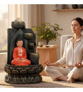Dekoratif Büyük Şelaleli LED Işıklı Buddha Masaüstü Dekoratif Su Çeşmesi – Akan Su Efektli Feng Shui