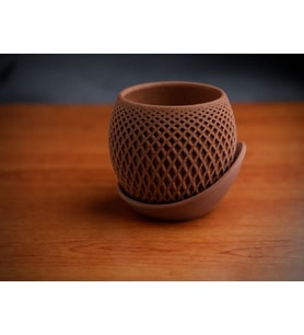 3D Baskı Küre Saksı - Kafes Dokulu İki Parçalı Dekoratif Saksı - Kahverengi-Kahverengi