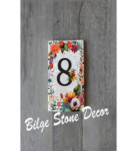 Bilge Stone Decor Doğal Taş Kapı Numarası, Uv Baskılı Kapı Numarası 7,5x15cm - Numara 8 (Çok Renkli)
