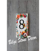 Bilge Stone Decor Doğal Taş Kapı Numarası, Uv Baskılı Kapı Numarası 7,5x15cm - Numara 8 (Çok Renkli)