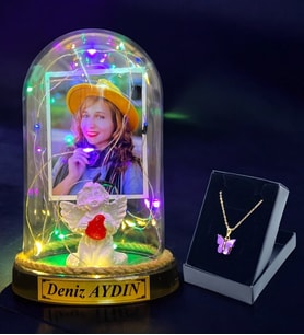 Sizlere Özel Renkli Led Işıklı Fanus ve Kelebek Kolye Hediye Seti (Model 4)