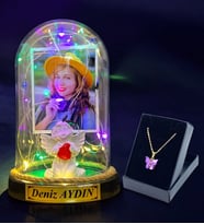 Sizlere Özel Renkli Led Işıklı Fanus ve Kelebek Kolye Hediye Seti (Model 4)