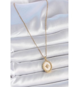 316L Çelik Gold Renk Zincir Beyaz Mineli Kutup Yıldız İşlemeli Madalyon Model K - SSSSSS7967-5