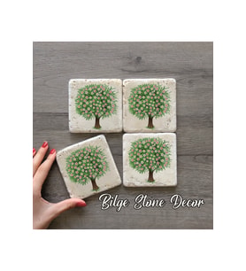 bilge tasarım Stone Decor Taş Bardak Altlığı 4'lü Set 10x10x1 Cm desenli