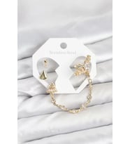 Pirinç Gold Renk Yıldızlı Model Zincir Bağlantılı Ear Cuff Küpe Seti - TJ-BKP11540