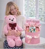 Kişiye Özel Fotoğraflı İyi ki Doğdun Tasarımlı Peluş Ayıcık Buketi Ve 80 Cm Peluş Ayıcık (Pembe)