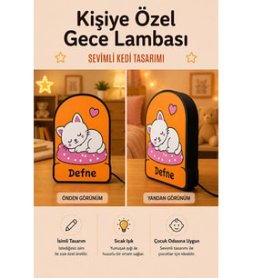 Kişiye Özel İsimli Kalpli Uyuyan Kedi Gece Lambası Sıcak Işıklı Çocuk ve Bebek Odası Dekoru