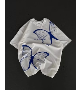 Unisex Bisiklet Yaka Baskılı Oversize T-Shirt - Beyaz