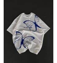 Unisex Bisiklet Yaka Baskılı Oversize T-Shirt - Beyaz