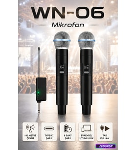 Wn-06 Amfi Hoparlör Ses Sistemi Için 2'li Set Telsiz Mikrofon Şarj Edilebilir Kablosuz Mikrofon