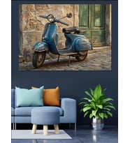 Eski Sokakta Mavi Nostaljik Scooter Dekoratif Kanvas - Mdf Ahşap Tablo