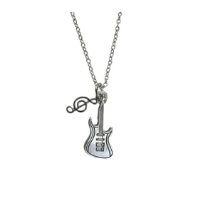 Sol Anahtarı ve Elektro Gitar Figürlü Kolye – Unisex - Müzik Aksesuarı 60 cm Zincir (Gümüş)