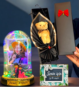 Kişiye Özel Renkli Led Işıklı Fanus ve Kutusunda Kahverengi Ayıcık Buketi (Model 7)