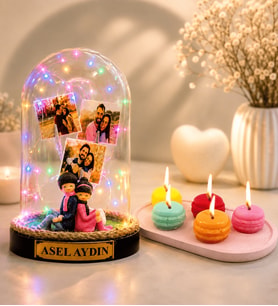 Kişiye Özel Yazılı 3 Fotoğraflı Renkli LED Işıklı Fanus (sırt sırta) ve 5'li Kokulu Makaron Mum Seti