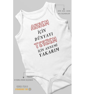 Annem İçin Dünyayı Teyzem İçin Annemi Yakarım Baskılı Bebek Zıbını  %100 Pamuk Sıfır Kol