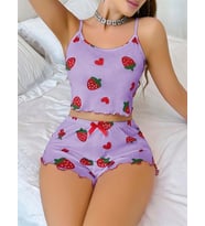 Arias Closet Pamuklu Lila Üstüne Çilek Desen Fitilli Askılı Şortlu Pijama Takımı