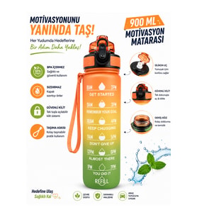 900 ML Motivasyon Matarası – Sızdırmaz, Kilitli, Silikon Uçlu, Taşıma Askılı, Geniş Ağızlı Su Matarası