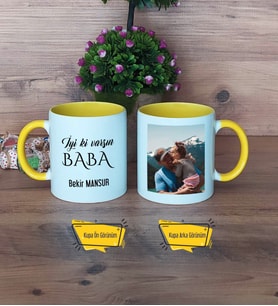 Babaya Hediye Kupa Bardak Sarı Fotoğraflı Doğum Günü Babalar Günü Hediyesi