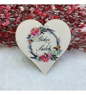 30 Adet Çiçekli Kalp Ahşap Nikah Magnet UV Baskı Nişan Hediyeliği Ekonomik-