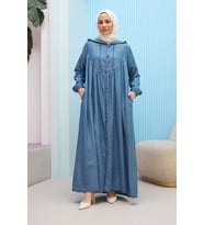 6635-Brit Düğmeli Denim Ferace Koyu Mavi