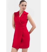 İş İçin Uygun Mini Elbise Polyester Dokuma Ceket Yaka Kolsuz Profesyonel Görünüm