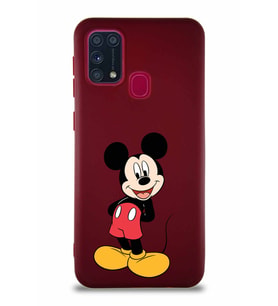 Samsung Galaxy M31 Soft Premier Kapak Mickey Mouse-B Tasarımlı Silikon Kılıf - Mürdüm (Şeffaf)