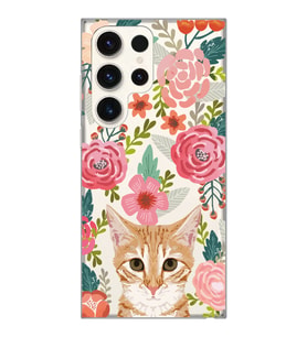 Samsung Galaxy S24 ULTRA Uyumlu Kedi ve Çiçek Desenli Şeffaf Telefon Kılıfı