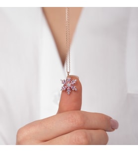 925 Ayar Gümüş Pembe Lotus Çiçek Tasarımlı Kadın Kolye HSJ0063