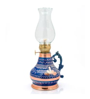 350 Ml Dekoratif Nostaljik Fitilli Bakır Kandil, İşlemeli Gaz Lambası (Mavi)